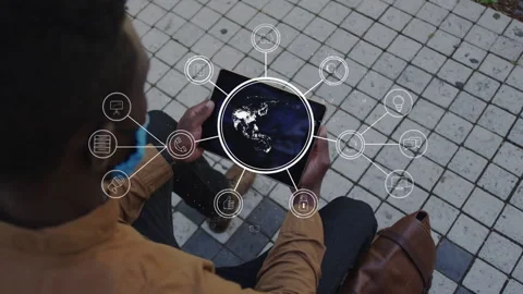 Animation of global digital interface and icons with businessman in face mask Stock Footage 149717417