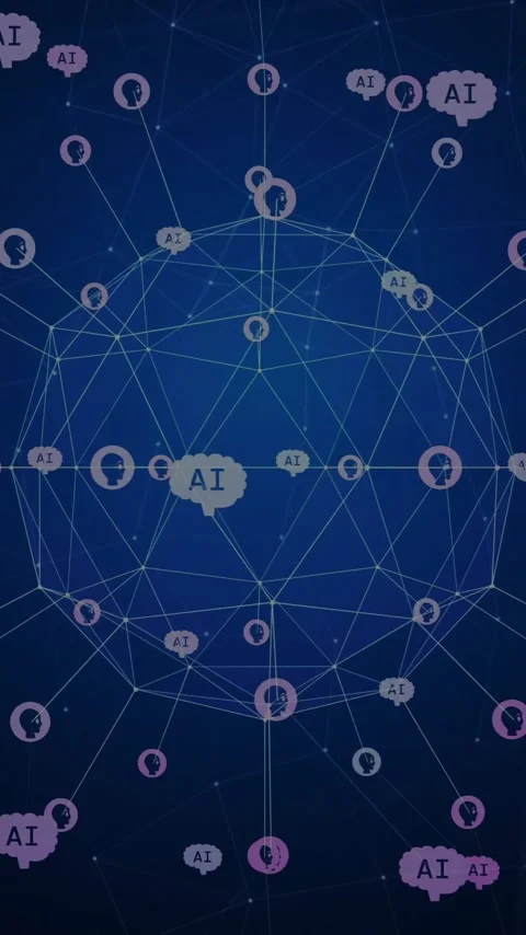 Animation of global network of ai chatbot icons rotating over dark computer Stock Footage 342599445