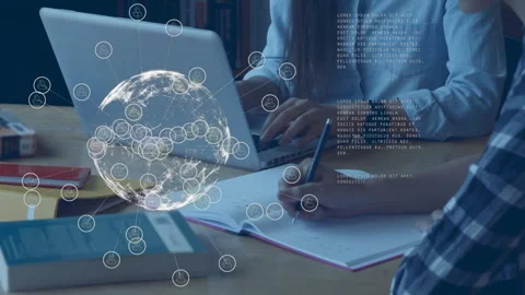 Animation of global network and data over midsection of diverse students writing Stock Footage 267085084