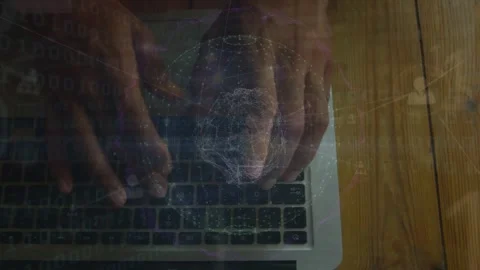 Animation of global network and data processing over hands using computer Stock Footage 328641502