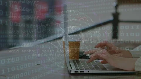 Animation of global network and data processing over hands of woman with coffee Stock Footage 329127940