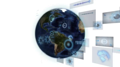 Animation of global technology connections with digital data interfaces around Stock Footage 303609123