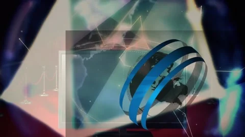 Animation of globe in abstract pattern, computer over red carpet with barrier Stock Footage 211547846