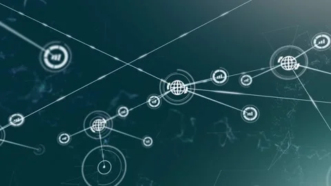 Animation of globe and bar graph icons connected with abstract pattern moving on Stock Footage 220894176