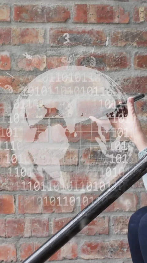 Animation of globe and binary coding over caucasian woman talking on smartphone Video stock 343079232
