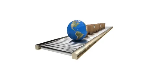 Animation of globe and cardboard boxes moving on conveyor belt on white Stock Footage 328404436
