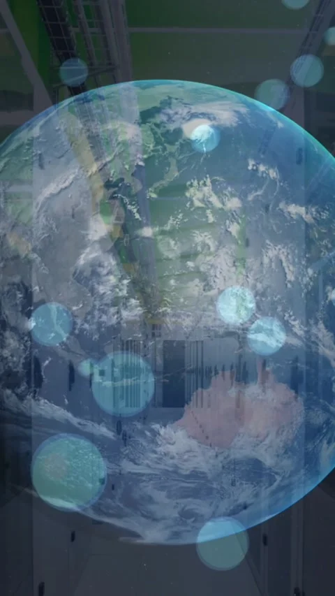 Animation of globe and circles falling over data server racks Stock Footage 344403099