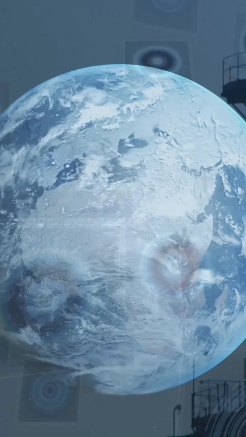 Animation of globe and circles over under construction pillars against sky Stock Footage 343644994