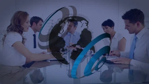 Animation of globe and clock on scanner processing data over diverse colleagues Stock Footage 331073421