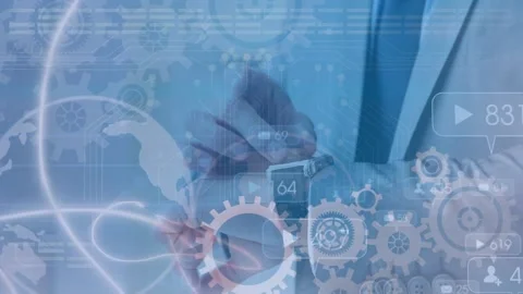 Animation of globe and cogs over hands of caucasian businessman using smartwatch Stock Footage 326410640