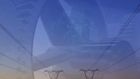 Animation of globe and cogs over pylons Stock Footage 328096561