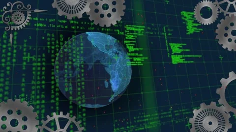 Animation of globe and cogs over data processing on black background Stock Footage 330412494