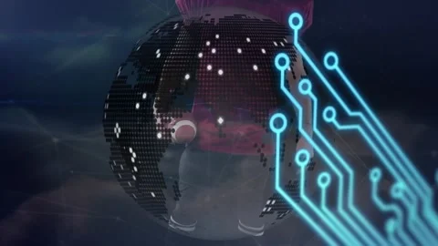 Animation of globe and computer circuit board over caucasian male rugby player Stock Footage 327528844