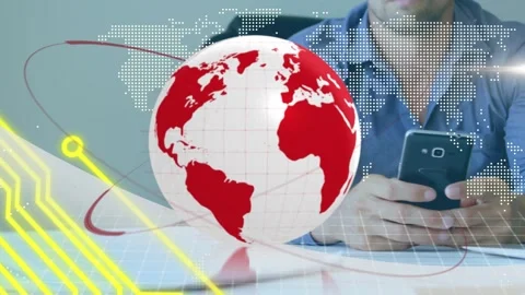 Animation of globe and computer circuit board over caucasian man using Stock Footage 328523028