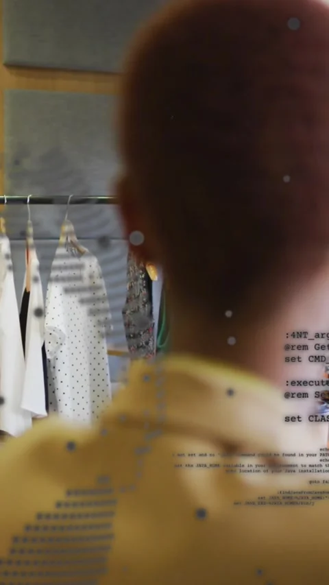 Animation of globe and computer language, diverse designers discussing cloth Stock Footage 323578766
