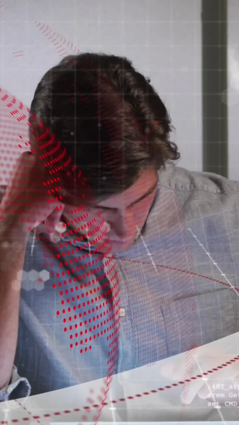 Animation of globe and computer language over caucasian man scrolling on digital Stock Footage 344783682
