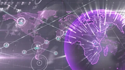 Animation of globe and connected icons over map and computer language against Stock Footage 327200449