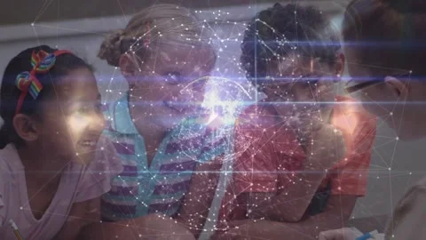 Animation of globe and connections over diverse pupils at school Vidéo 327963873