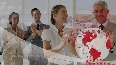 Animation of globe and data over diverse businesspeople clapping hands Stock Footage 330171684