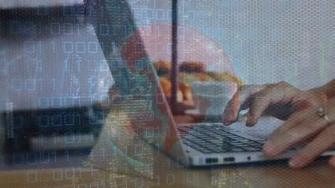 Animation of globe and data processing over hands of woman at desk using laptop Stock Footage 203885762