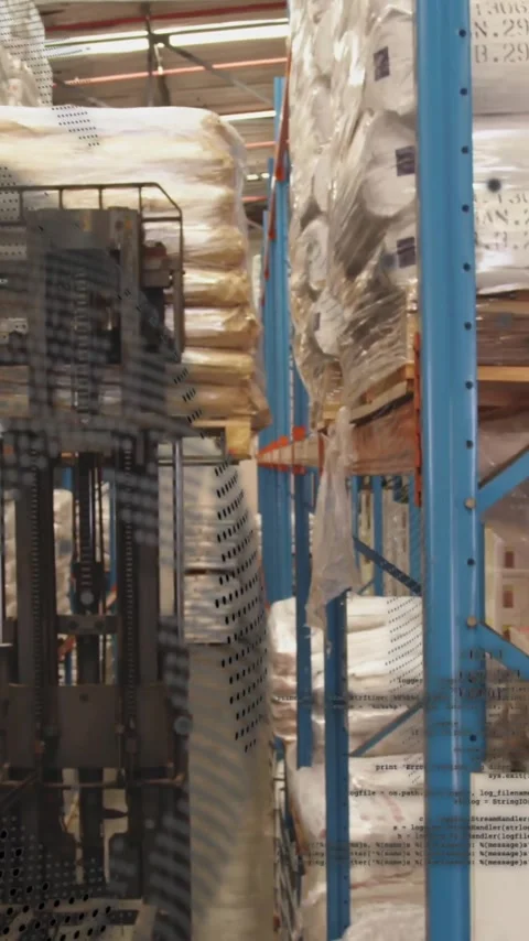 Animation of globe and data processing over worker using lift truck in warehouse Vidéo 320216422