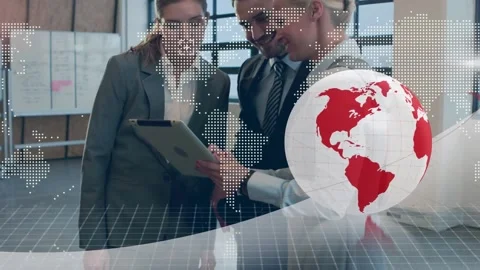 Animation of globe and data processing over diverse business people using tablet Stock Footage 330294986