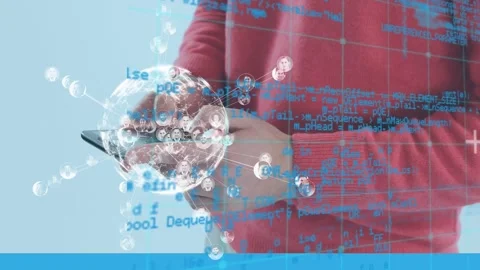Animation of globe and data processing over man using smartphone Stock Footage 330341508
