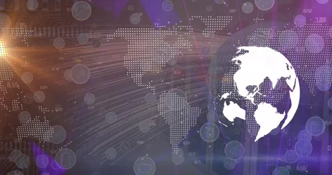 Animation of globe and data processing over world map on black and purple Stock Footage 330402364