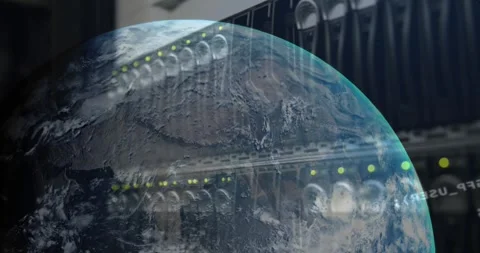 Animation of globe and data processing against close up view of computer server Stock Footage 330591209