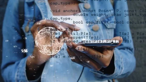 Animation of globe and data processing over hands of african american woman Stock Footage 330657645