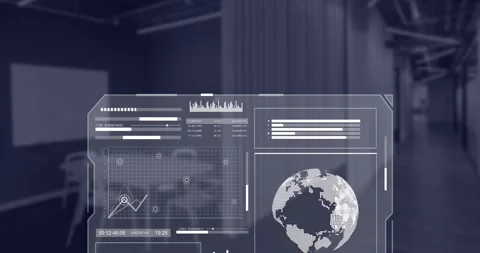 Animation of globe and data processing over screen and office Stock Footage 330659802