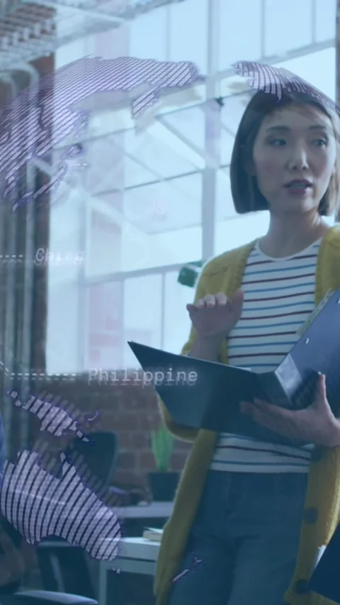 Animation of globe and data processing over business people in office Stock Footage 344613857