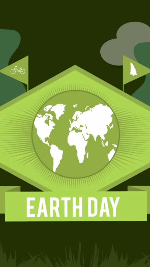 Animation of globe and earth day with flags over trees on dark green background Stock Footage 324703364