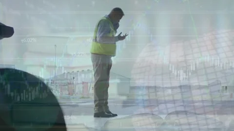 Animation of globe and financial data processing over male engineer using Stock Footage 326424874