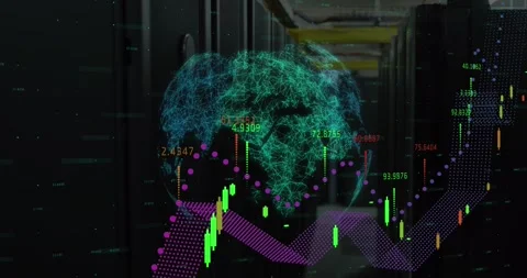 Animation of globe and financial data processing over computer servers Stock Footage 327393815