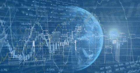 Animation of globe and financial data processing over 3d cityscape drawing Stock Footage 330724311