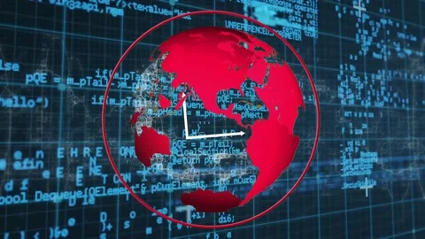 Animation of globe and graph in circle over computer programming language in Stock Footage 326626649