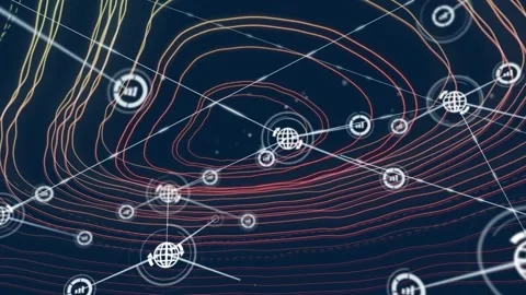 Animation of globe and graph icons connected with lines on circular pattern on Stock Footage 233386978