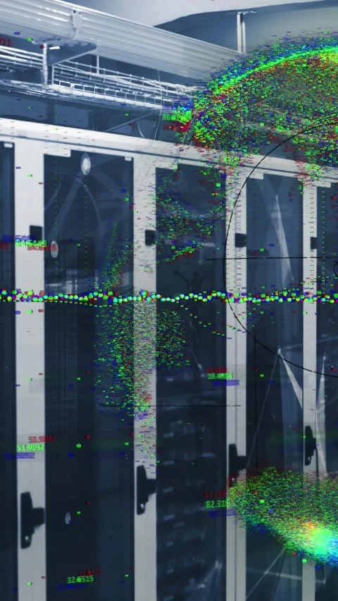 Animation of globe and mathematical equations over server room 動画素材 319371614