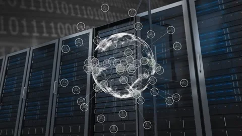 Animation of globe and network of connections with icons over binary coding and Video stock 329417530
