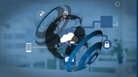 Animation of globe and network of connections with icons over empty office Stock Footage 329688145