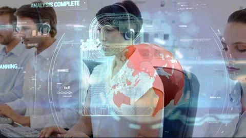 Animation of globe and online security padlock over diverse business people Stock Footage 330343616