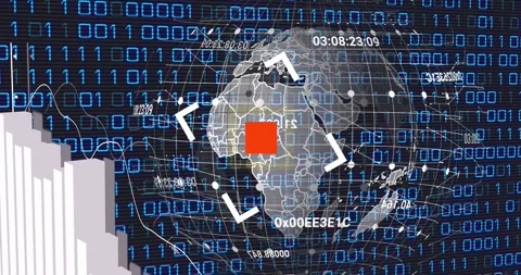 Animation of globe and scanner over data processing and binary coding on black Stock Footage 326307108
