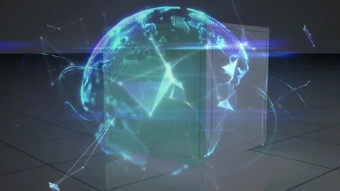 Animation of globe and shapes over rotating cube with financial graphs Stock Footage 330779770