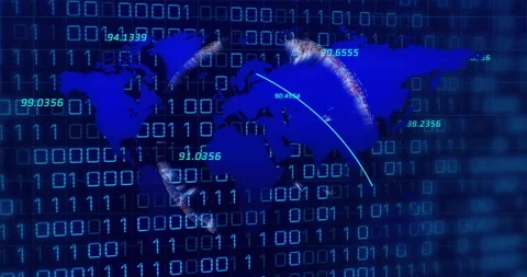 Animation of globe and world map over data processing and binary coding on black Stock Footage 263952432