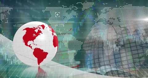 Animation of globe and world map over financial data processing Stock Footage 328926541