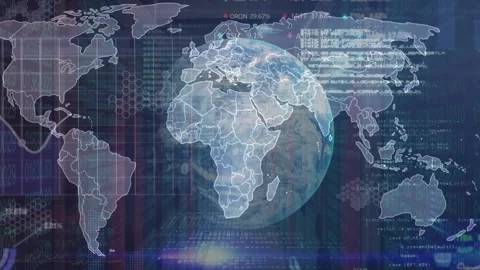 Animation of globe and world map with data processing over server room Stock Footage 329510971