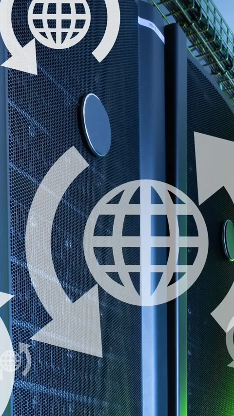 Animation of globe with arrows icons moving over data server racks Stock Footage 344775014