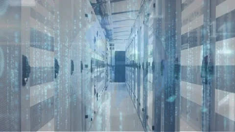 Animation of globe, binary code and moving lights over servers Stock Footage 220387579