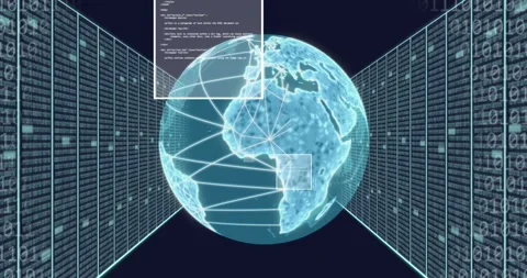 Animation of globe, binary codes and computer language and data server racks 動画素材 253429224